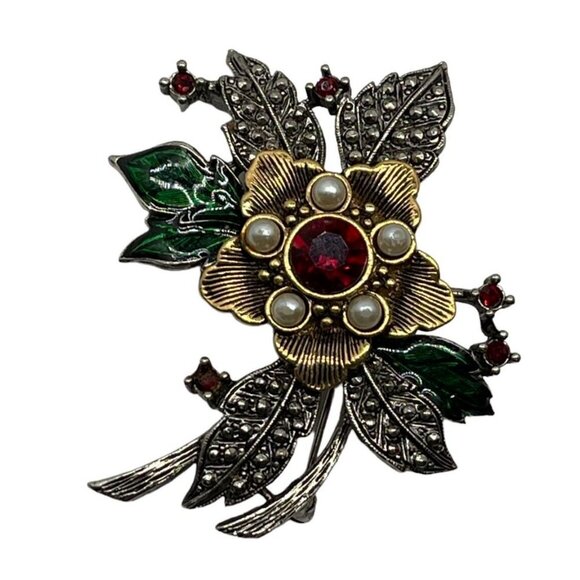 Vintage Avon Festive Floral Brooch Pin Faux Pearl Red Rhinestones - Picture 13 of 13